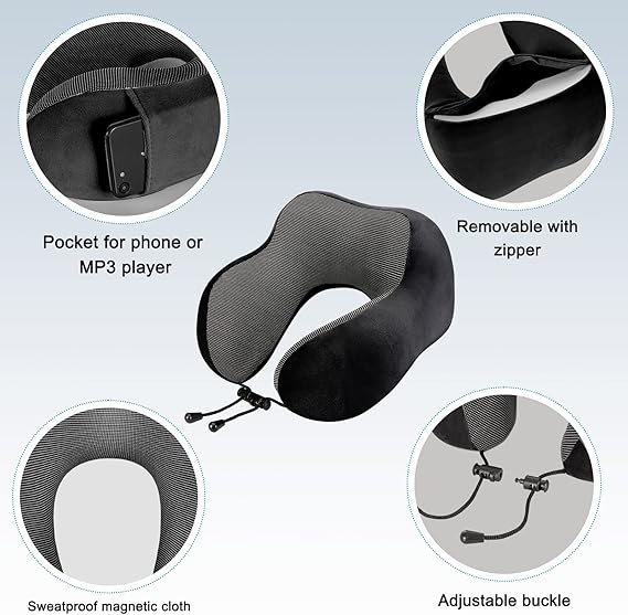 image of a black and grey nexk pillow showing the benefits of this one that I suggested as a great Secret Santa gift