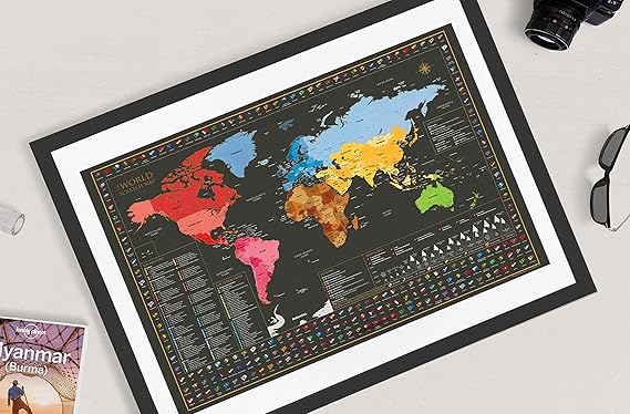 a frame with a scratch map mounted showing all of the countries and flags already scratched