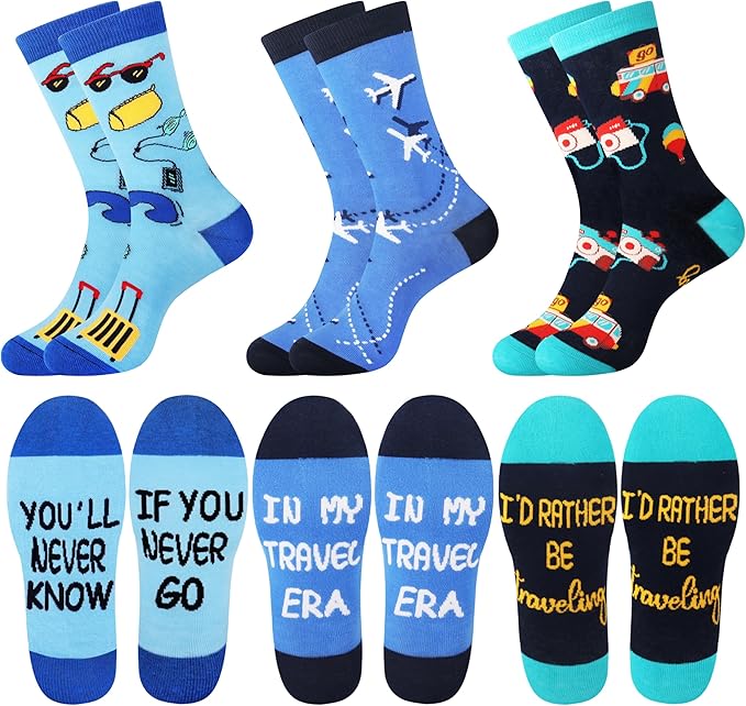 3 pairs of socks showing the tops and bottoms all on a travel theme